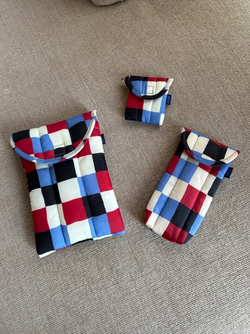 BAGGU Quilted Checkered Pouch Trio in Red, Blue, Black & White